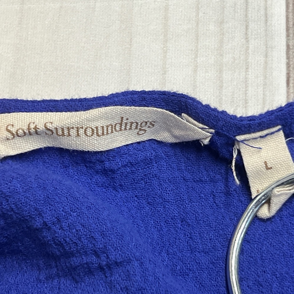 Soft Surroundings Blouse Womens Large Blue Solid Cotton Gauze Layered Hem Top - Picture 2 of 9